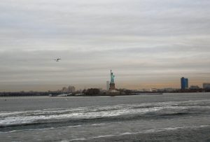 A view of the Statue of Liberty from the water with a cloudy sky, a flying seagull, choppy waters in the foreground, and distant buildings on the horizon.