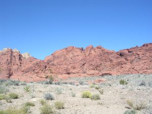 Desert landscape with red rock formations under a clear blue sky.