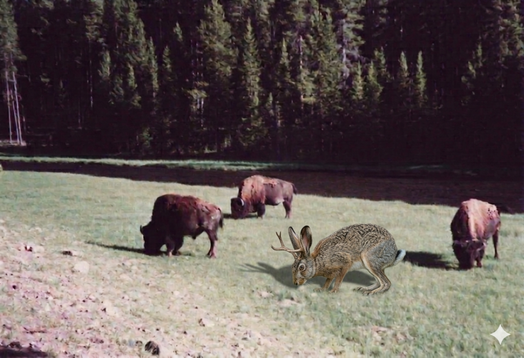 A scene featuring buffalo grazing in a grassy area with a jackalopw in the foreground, surrounded by trees in the background.